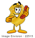 #22515 Clip Art Graphic Of A Gold Law Enforcement Police Badge Cartoon Character Holding A Telephone