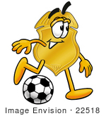 #22518 Clip Art Graphic Of A Gold Law Enforcement Police Badge Cartoon Character Kicking A Soccer Ball