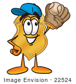 #22524 Clip Art Graphic Of A Gold Law Enforcement Police Badge Cartoon Character Catching A Baseball With A Glove
