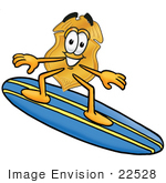 #22528 Clip art Graphic of a Gold Law Enforcement Police Badge Cartoon Character Surfing on a Blue and Yellow Surfboard by toons4biz
