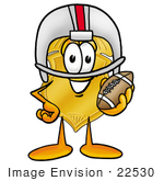 #22530 Clip Art Graphic Of A Gold Law Enforcement Police Badge Cartoon Character In A Helmet Holding A Football