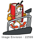 #22599 Clip Art Graphic of a Book Cartoon Character Walking on a Treadmill in a Fitness Gym by toons4biz