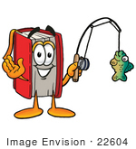 #22604 Clip Art Graphic Of A Book Cartoon Character Holding A Fish On A Fishing Pole