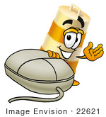 #22621 Clip Art Graphic Of A Construction Road Safety Barrel Cartoon Character With A Computer Mouse
