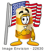 #22630 Clip Art Graphic Of A Construction Road Safety Barrel Cartoon Character Pledging Allegiance To An American Flag