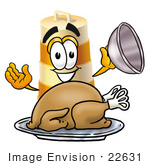 #22631 Clip Art Graphic Of A Construction Road Safety Barrel Cartoon Character Serving A Thanksgiving Turkey On A Platter