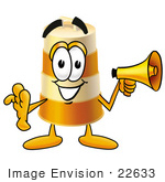#22633 Clip Art Graphic Of A Construction Road Safety Barrel Cartoon Character Holding A Megaphone