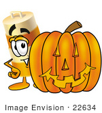 #22634 Clip Art Graphic Of A Construction Road Safety Barrel Cartoon Character With A Carved Halloween Pumpkin
