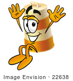 #22638 Clip Art Graphic Of A Construction Road Safety Barrel Cartoon Character Jumping