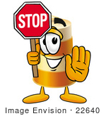 #22640 Clip Art Graphic Of A Construction Road Safety Barrel Cartoon Character Holding A Stop Sign