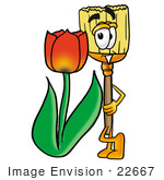 #22667 Clip Art Graphic Of A Straw Broom Cartoon Character With A Red Tulip Flower In The Spring