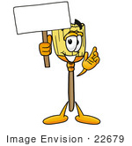 #22679 Clip Art Graphic Of A Straw Broom Cartoon Character Holding A Blank Sign