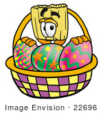 #22696 Clip Art Graphic Of A Straw Broom Cartoon Character In An Easter Basket Full Of Decorated Easter Eggs