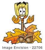 #22706 Clip Art Graphic Of A Straw Broom Cartoon Character With Autumn Leaves And Acorns In The Fall