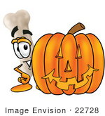 #22728 Clip Art Graphic Of A Bone Cartoon Character With A Carved Halloween Pumpkin