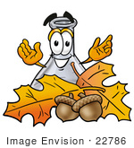 #22786 Clip Art Graphic Of A Beaker Laboratory Flask Cartoon Character With Autumn Leaves And Acorns In The Fall