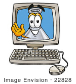 #22828 Clip Art Graphic Of A Laboratory Flask Beaker Cartoon Character Waving From Inside A Computer Screen