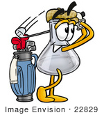 #22829 Clip Art Graphic Of A Laboratory Flask Beaker Cartoon Character Swinging His Golf Club While Golfing