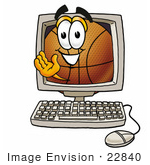 #22840 Clip Art Graphic Of A Basketball Cartoon Character Waving From Inside A Computer Screen