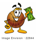 #22844 Clip Art Graphic Of A Basketball Cartoon Character Holding A Dollar Bill