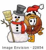 #22854 Clip Art Graphic Of A Basketball Cartoon Character With A Snowman On Christmas