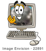 #22891 Clip Art Graphic Of A Bowling Ball Cartoon Character Waving From Inside A Computer Screen