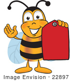 #22897 Clip Art Graphic Of A Honey Bee Cartoon Character Holding A Red Sales Price Tag