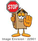 #22901 Clip Art Graphic Of A Cardboard Shipping Box Cartoon Character Holding A Stop Sign