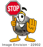 #22902 Clip Art Graphic Of A Bowling Ball Cartoon Character Holding A Stop Sign