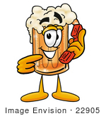 #22905 Clip Art Graphic Of A Frothy Mug Of Beer Or Soda Cartoon Character Holding A Telephone