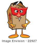 #22927 Clip Art Graphic Of A Cardboard Shipping Box Cartoon Character Wearing A Red Mask Over His Face