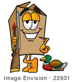 #22931 Clip Art Graphic Of A Cardboard Shipping Box Cartoon Character Duck Hunting Standing With A Rifle And Duck