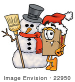#22950 Clip Art Graphic Of A Cardboard Shipping Box Cartoon Character With A Snowman On Christmas