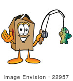 #22957 Clip Art Graphic Of A Cardboard Shipping Box Cartoon Character Holding A Fish On A Fishing Pole