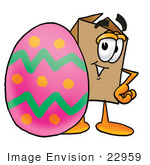 #22959 Clip Art Graphic Of A Cardboard Shipping Box Cartoon Character Standing Beside An Easter Egg