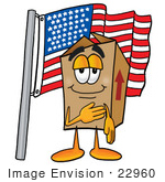 #22960 Clip Art Graphic Of A Cardboard Shipping Box Cartoon Character Pledging Allegiance To An American Flag