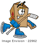 #22962 Clip Art Graphic Of A Cardboard Shipping Box Cartoon Character Playing Ice Hockey