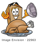 #22963 Clip Art Graphic Of A Cardboard Shipping Box Cartoon Character Serving A Thanksgiving Turkey On A Platter
