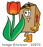 #22970 Clip Art Graphic Of A Cardboard Shipping Box Cartoon Character With A Red Tulip Flower In The Spring