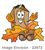 #22972 Clip Art Graphic Of A Cardboard Shipping Box Cartoon Character With Autumn Leaves And Acorns In The Fall