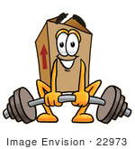 #22973 Clip Art Graphic Of A Cardboard Shipping Box Cartoon Character Lifting A Heavy Barbell