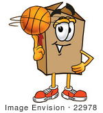 #22978 Clip Art Graphic Of A Cardboard Shipping Box Cartoon Character Spinning A Basketball On His Finger