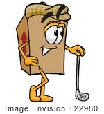 #22980 Clip Art Graphic Of A Cardboard Shipping Box Cartoon Character Leaning On A Golf Club While Golfing