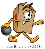 #22981 Clip Art Graphic Of A Cardboard Shipping Box Cartoon Character Holding A Bowling Ball