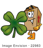 #22983 Clip Art Graphic Of A Cardboard Shipping Box Cartoon Character With A Green Four Leaf Clover On St Paddy’S Or St Patricks Day