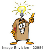 #22984 Clip Art Graphic Of A Cardboard Shipping Box Cartoon Character With A Bright Idea