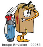 #22985 Clip Art Graphic Of A Cardboard Shipping Box Cartoon Character Swinging His Golf Club While Golfing