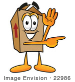 #22986 Clip Art Graphic Of A Cardboard Shipping Box Cartoon Character Waving And Pointing