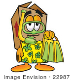 #22987 Clip Art Graphic Of A Cardboard Shipping Box Cartoon Character In Green And Yellow Snorkel Gear
