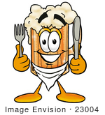 #23004 Clip Art Graphic Of A Frothy Mug Of Beer Or Soda Cartoon Character Holding A Knife And Fork